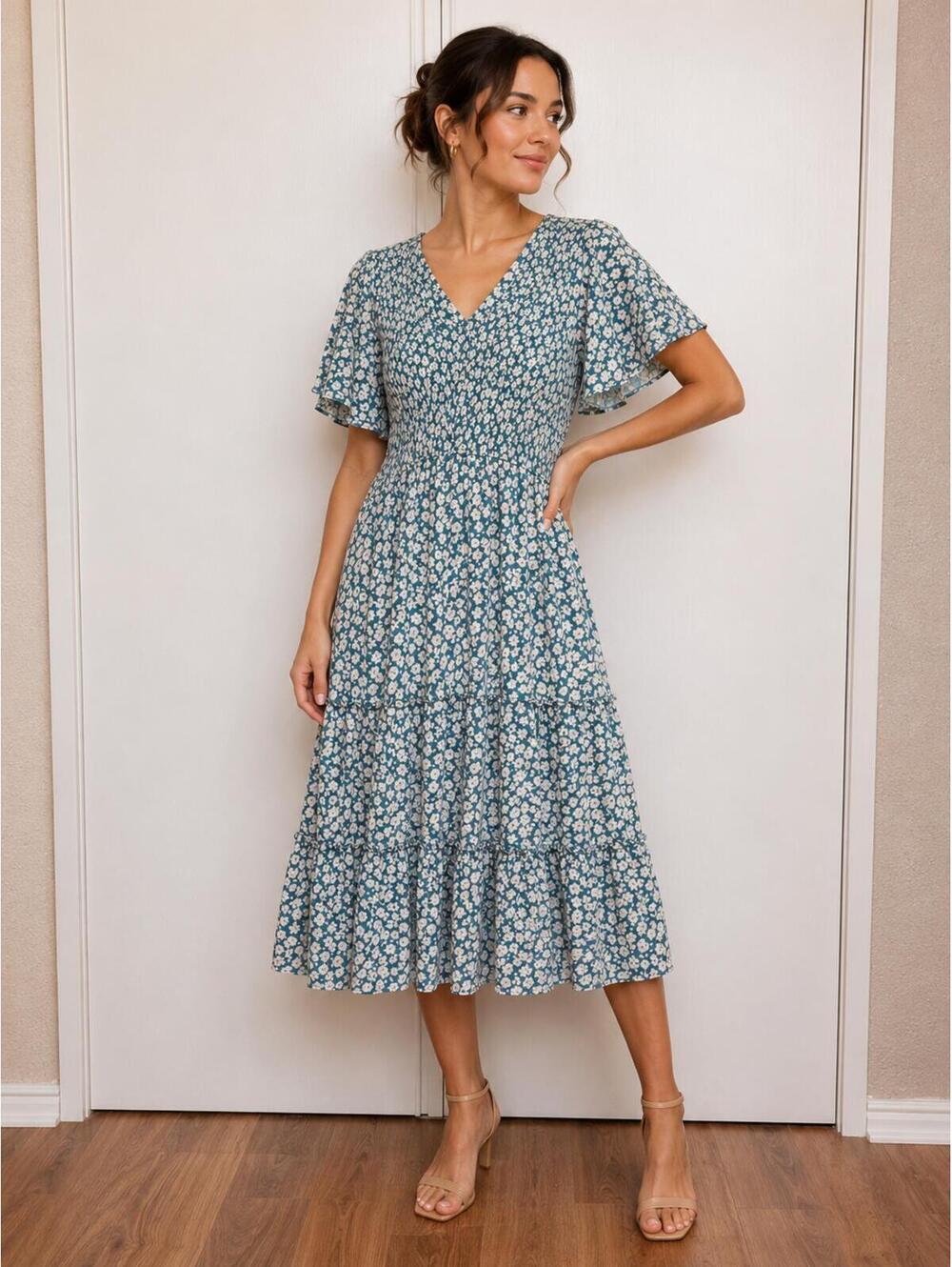 Olivia Grey Blue Floral Smocked Midi Dress Size 3XL